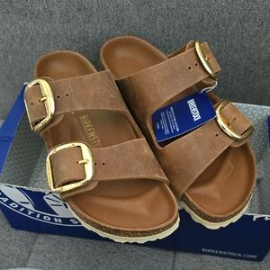 Birkenstock Brown Sandals with Gold Buckles